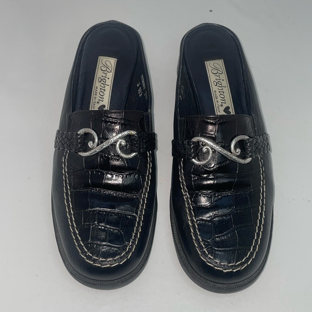 Brighton Britta Sydney Black Croc Leather Slip-on Mules Size 7